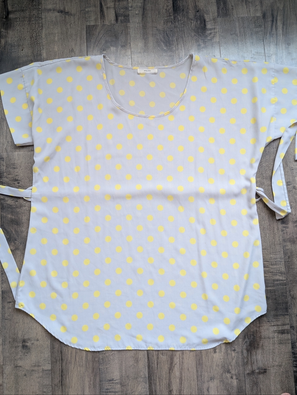 Poema Polka Dot Tunic Gray Yellow Scoop Neck Tie Waist Oversized - Picture 3 of 11